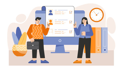 Human resources manager reviewing resumes flat illustration Flat Vector Illustration