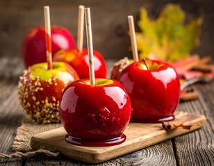 Delicious Candy Apples - A Sweet Autumn Treat on Wooden Board.