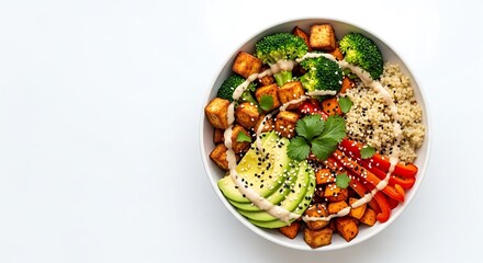 Top view of a vibrant buddha bowl with tofu and avocado, health concept