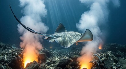 Majestic stingray gracefully gliding over hydrothermal vents in oceanic realm