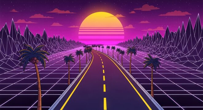 Synthwave highway to retro horizon a dreamy 80s journey in vibrant hues - Powered by Adobe