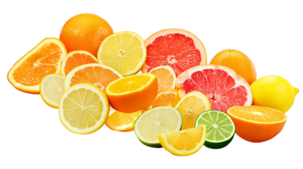Close-up of halved citrus fruits including oranges, lemons, limes, and grapefruits on transparent background