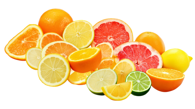 Close-up of halved citrus fruits including oranges, lemons, limes, and grapefruits on transparent background