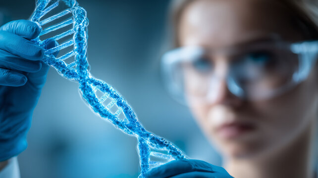 A laboratory scientist holding a DNA strand to illustrate genetic research, molecular analysis and the human role in advancing biological understanding.
