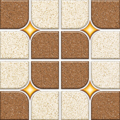 Rough sand textured floor tiles with gold colored diamond ornaments