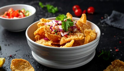 Delicious Fish Tacos with Fresh Toppings in a Bowl.