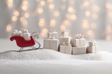 Minimalist arrangement of a classic Santa sleigh adorned with neatly stacked gifts, set against a backdrop of soft faux snow, with soft, diffused lighting creating a serene mood