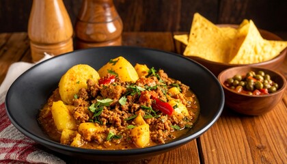 Delicious Ground Beef and Potato Stew with Tortilla Chips.