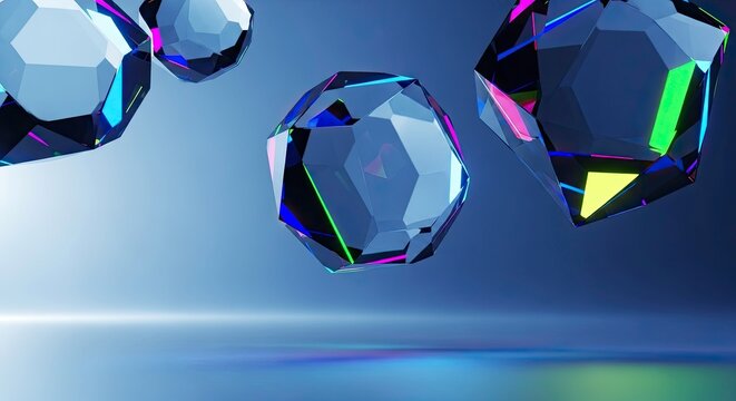 Abstract digital rendering of floating, multifaceted blue crystal gems with neon light reflections against a dark blue gradient background