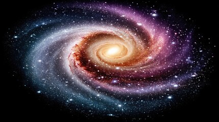 Fototapeta premium A vibrant, colorful spiral galaxy with a bright central core, swirling arms filled with stars, and nebulae in shades of purple, blue, and orange against a black