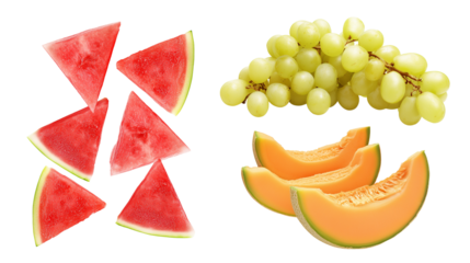 Assorted fresh fruits with watermelon, grapes, and cantaloupe on transparent background