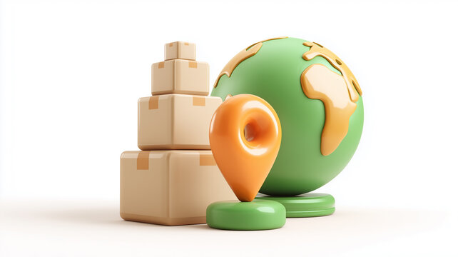 A global delivery concept illustrating worldwide shipping logistics with packages positioned beside an Earth icon representing international transport.
