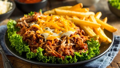Delicious Pulled Pork with Fries and Lettuce on a Plate.