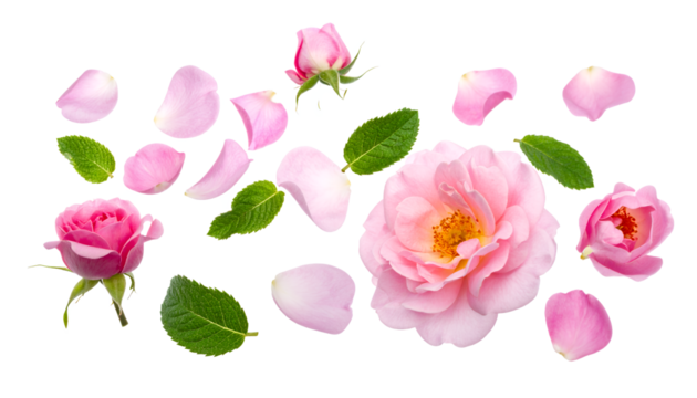 A delightful scattering of delicate pink rose blossoms, fresh buds, petals, and vibrant green leaves arranged beautifully on a pristine white background, ideal for elegant and romantic designs
