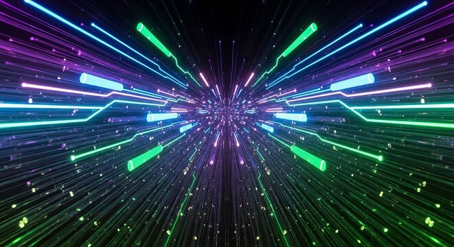 Abstract digital tunnel of neon light streaks and particles moving rapidly into the distance in vibrant colors - Powered by Adobe