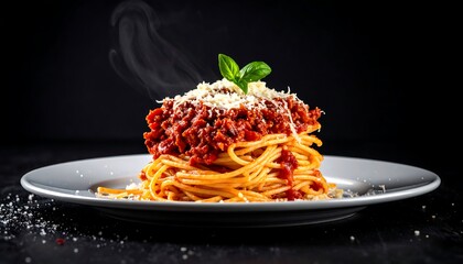 Delicious Spaghetti Bolognese with Fresh Basil and Parmesan Cheese.