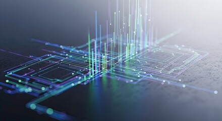 Abstract digital data flow visualization with glowing light beams emanating from a futuristic circuit board or processor