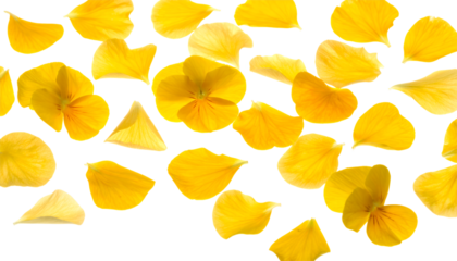A delicate and vibrant composition of scattered yellow pansy petals and blossoms against a pristine white backdrop, creating a fresh floral pattern