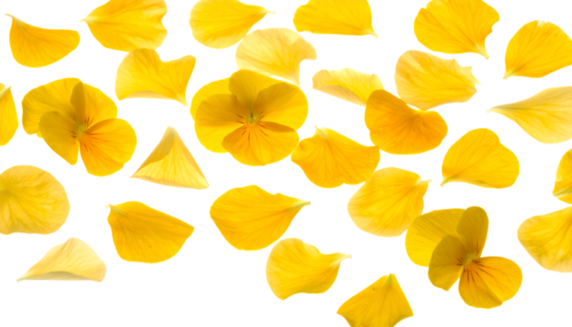 A delicate and vibrant composition of scattered yellow pansy petals and blossoms against a pristine white backdrop, creating a fresh floral pattern