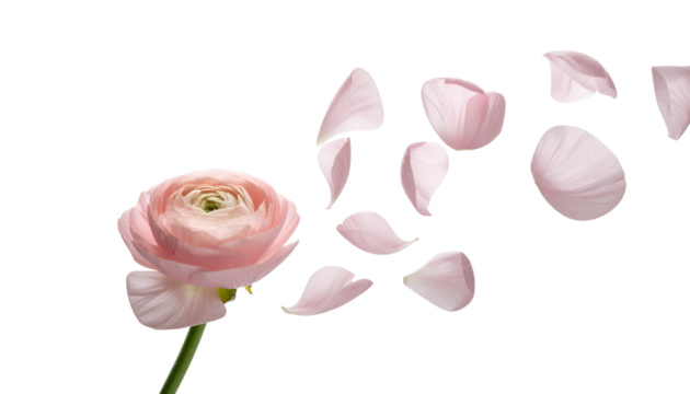 Delicate pink ranunculus blossom gracefully shedding its soft petals, creating a serene and ethereal display of natural beauty and transient moments against a pure white background