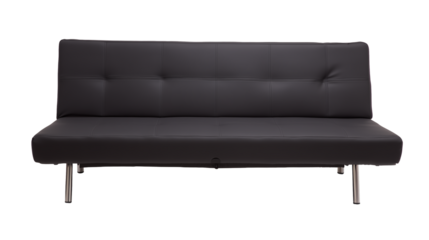 Modern black leather sofa with silver legs on transparent background