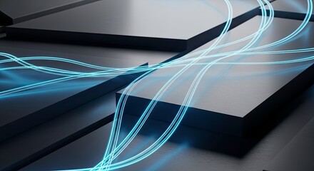 Abstract digital technology background with glowing blue light trails moving over dark metallic or futuristic surface structure