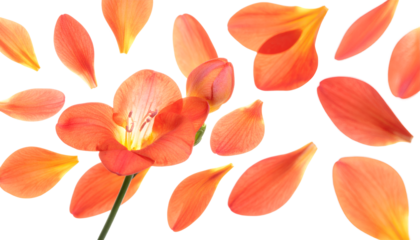 Vibrant Orange Freesia Flower and Petals Scattered on a White Background - A Delicate Floral Arrangement