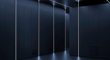 Dark futuristic corridor interior with vertical neon light strips creating a modern, abstract architectural background