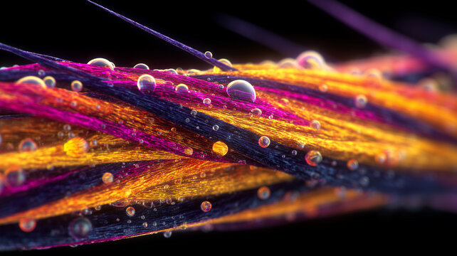 A vibrant cluster of organic fibers holding micro droplets to depict biological texture, natural formation and the dynamic interaction between fluid and living surfaces.
