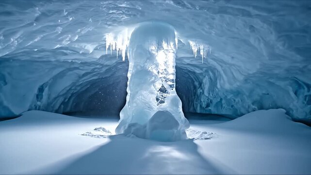Magnificent Ice Cave Interior with a Glowing Central Ice Formation and Dazzling Icicles An Ethereal Subterranean Frozen Wonderland of Blue and White Hues