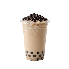 Invigorating bubble tea sensation with dark tapioca pearls against a stark black backdrop