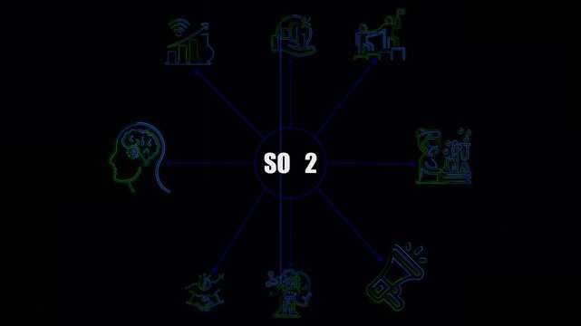 Glowing Neon SO 2 Network Animation showing global business icons, technology connections, and spreading network lines on a black background. Perfect 4K business concept video.