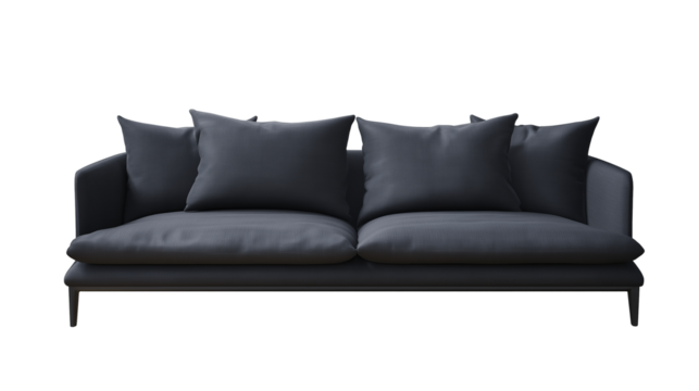 Contemporary minimalist sofa with dark gray upholstery and wooden legs on transparent background