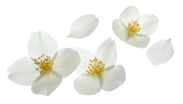 Elegant white jasmine flowers with delicate petals scattered against a clean white background, creating a serene and natural composition