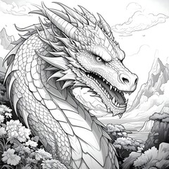 Detailed Dragon Illustration with Mountain Backdrop and Floral Accents.