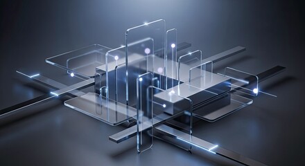 Abstract digital technology concept with glowing lines and transparent geometric structure on dark background