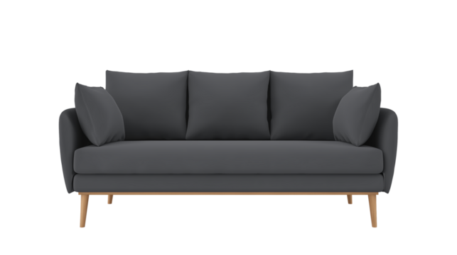 Contemporary three-seater sofa with dark gray fabric and light wood legs on transparent background