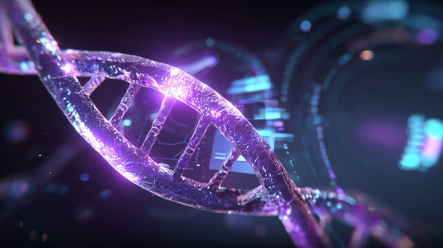 A close view of a translucent DNA strand depicting molecular complexity, genetic identity and the deeper structure of biological information.
