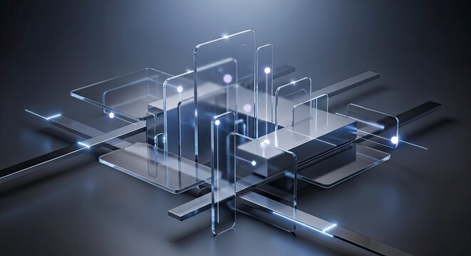 Abstract digital technology concept with glowing lines and transparent geometric structure on dark background