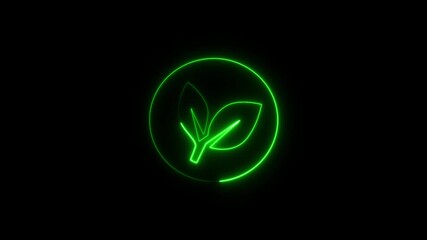  a green neon line icon of two leaves within a circle. This symbol is often associated with themes of nature, ecology, and sustainability.  - Powered by Adobe