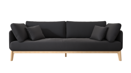 Modern minimalist sofa with dark gray upholstery and light wooden legs on transparent background