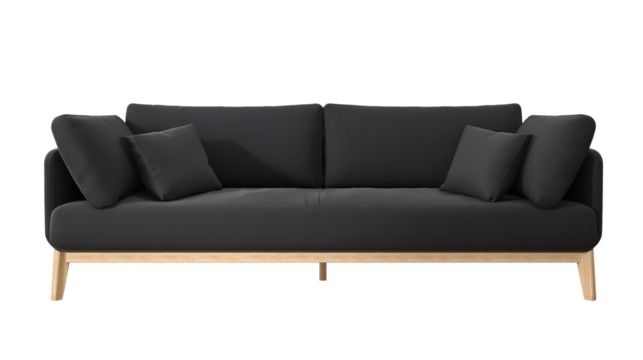Modern minimalist sofa with dark gray upholstery and light wooden legs on transparent background