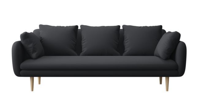Contemporary sofa with dark gray upholstery and light wood legs on transparent background - Powered by Adobe