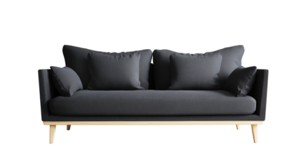 Modern minimalist sofa with light wooden frame and dark gray cushions on transparent background