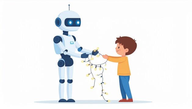 A friendly robot and a young boy are collaborating to untangle a string of decorative lights, illustrating human-robot interaction and assistance.