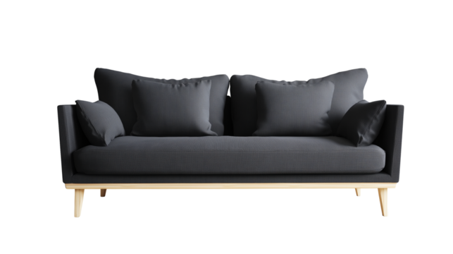 Modern minimalist sofa with light wooden frame and dark gray cushions on transparent background