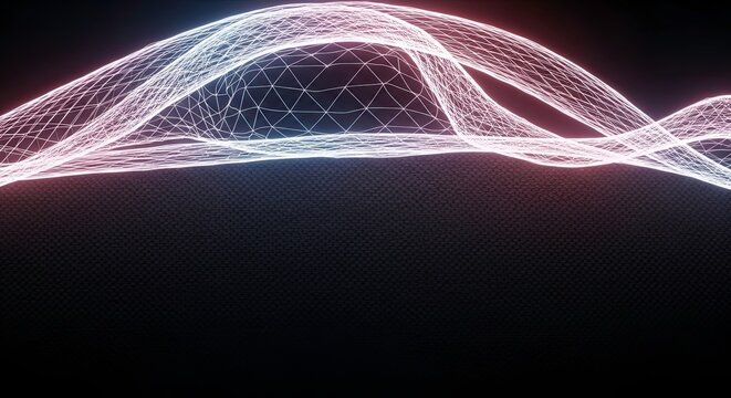 Abstract glowing digital wave mesh structure with neon light particles on a dark background