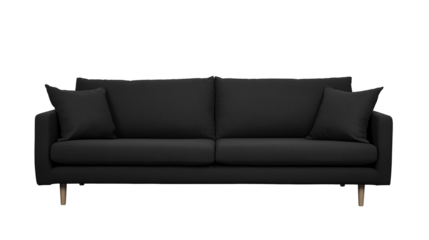 Modern three-seater sofa with dark gray upholstery and light wooden legs on transparent background
