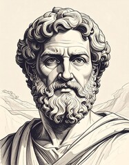 Detailed sketch of a classical philosopher with curly hair and beard.