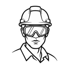 A detailed illustration presents a construction worker with a hard hat and protective eyewear, showcasing safety and professional attire.